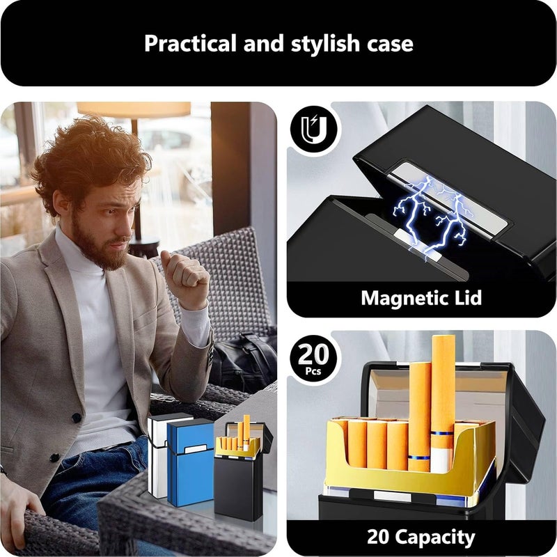 roygra علبة سجائر (3 عبوات)، حجم ملكي 100s مفتاح مغناطيسي 20 قطعة حاملة سجائر للرجال والنساء، ملحقات تدخين السجائر، صندوق معدني وبلاستيكي للتدخين (أسود + فضي + أزرق) - Image 3